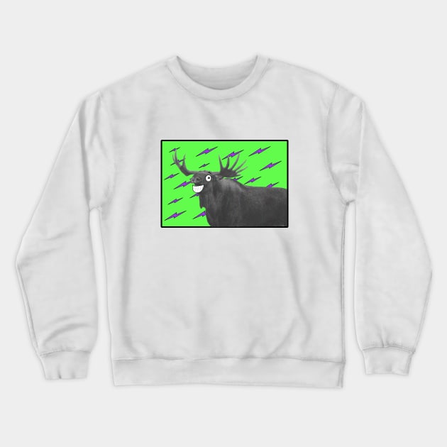 Moose with cartoon eyes and neon green background Crewneck Sweatshirt by Dazedfuture